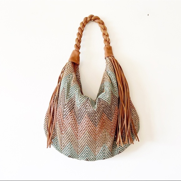 Big Buddha Handbags - Big Buddha Sparkly Mesh Chevron Big Hobo Bag Fringe Teal